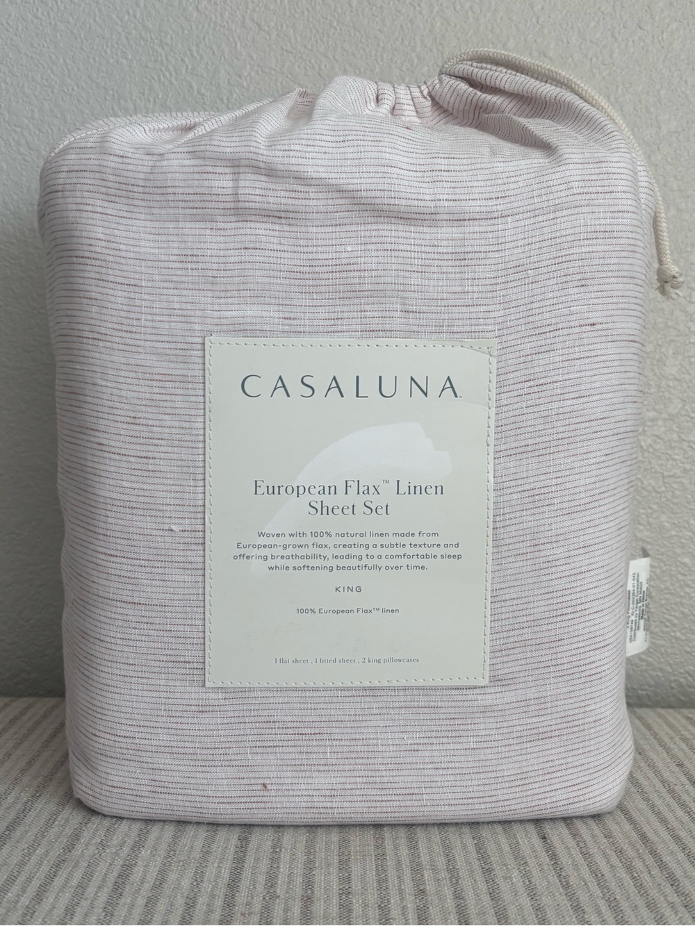 NWT King 100% Linen Sheet Set Adobe Clay Micro Stripe - Casaluna